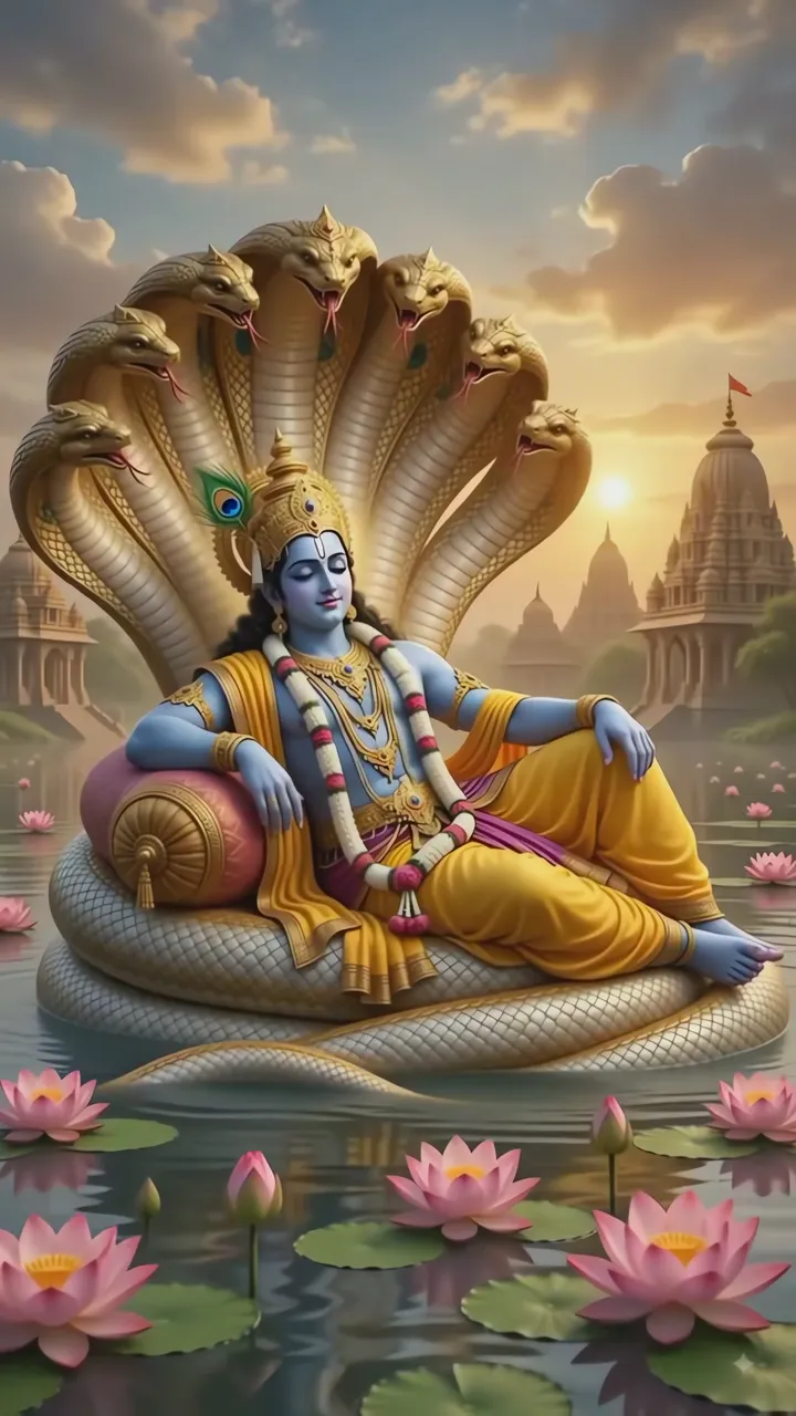 Shiva Meditation With Golden Naga And Lotus Pond
