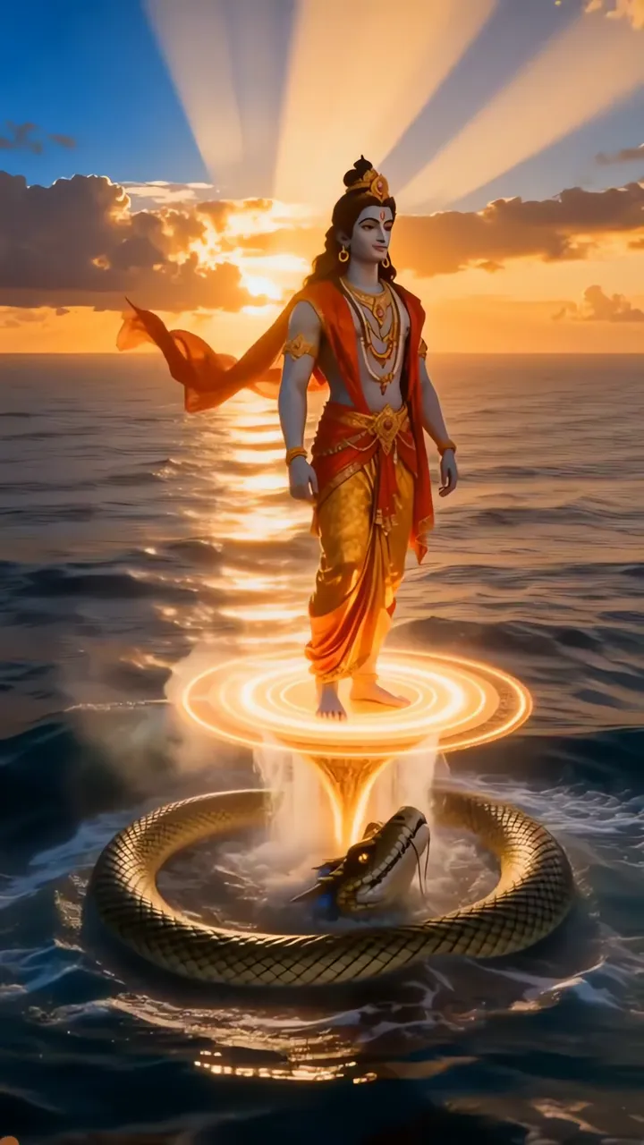 Shiva Standing On Snake With Golden Aura And Sunset Ocean