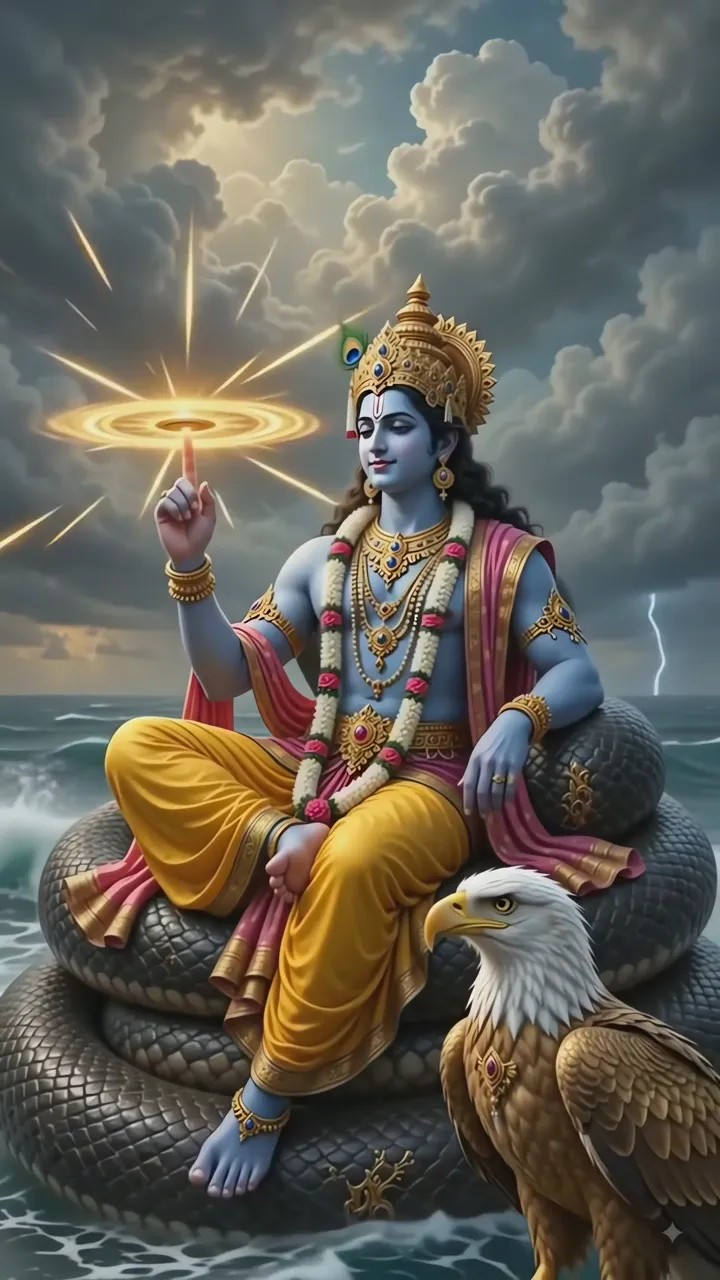 Shri Narayan Divine Cosmic Pose With Eagle And Snake