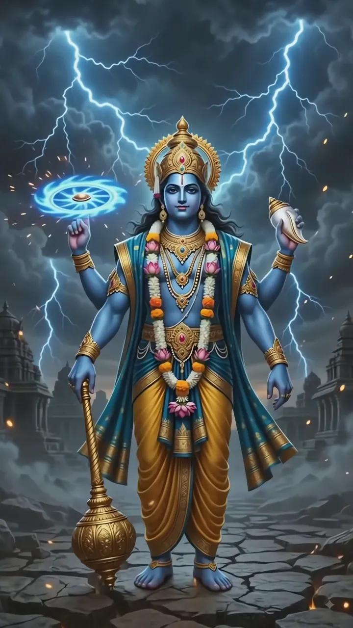 Shri Hari Blue Divine Thunder God With Lotus And Conch