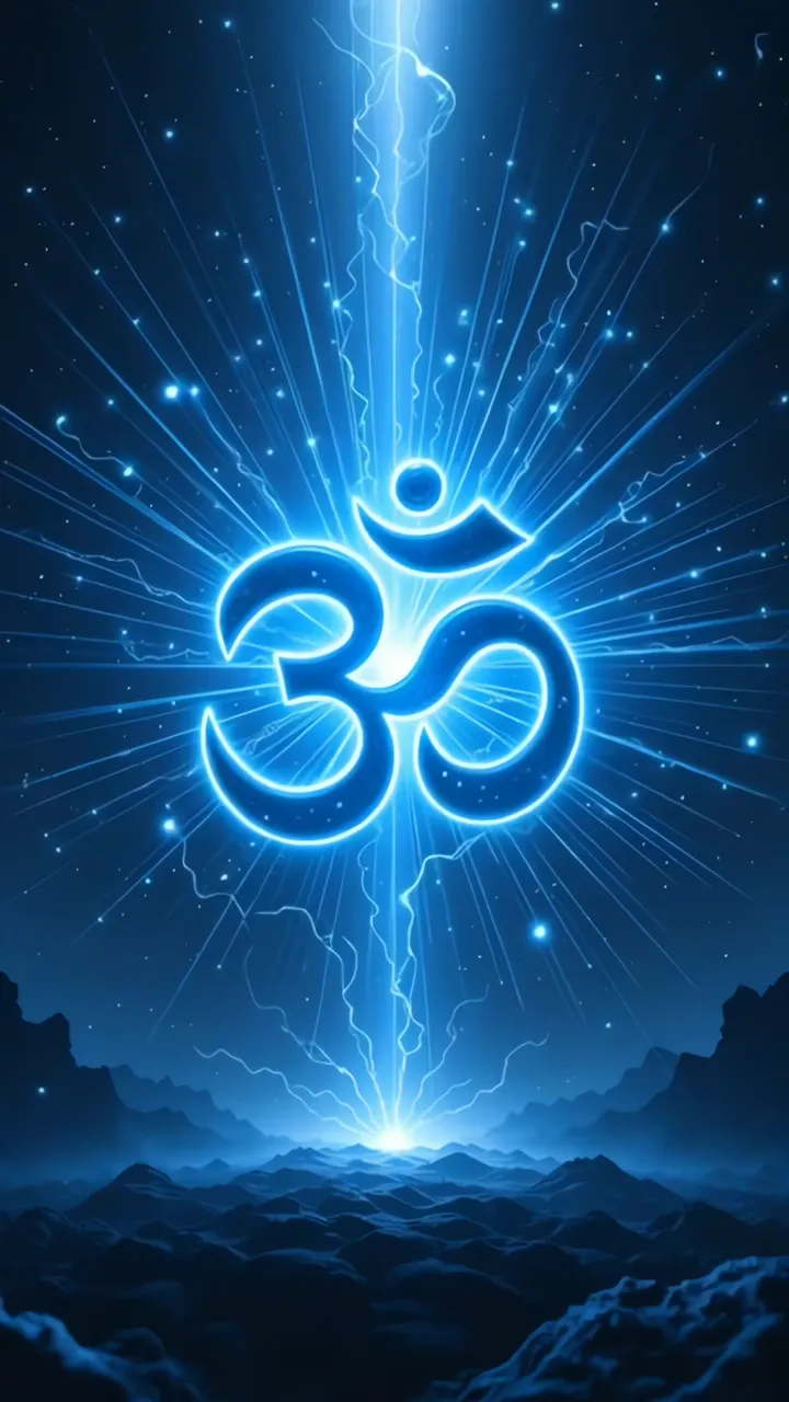 Glowing Om Symbol With Lightning And Mountain Scene