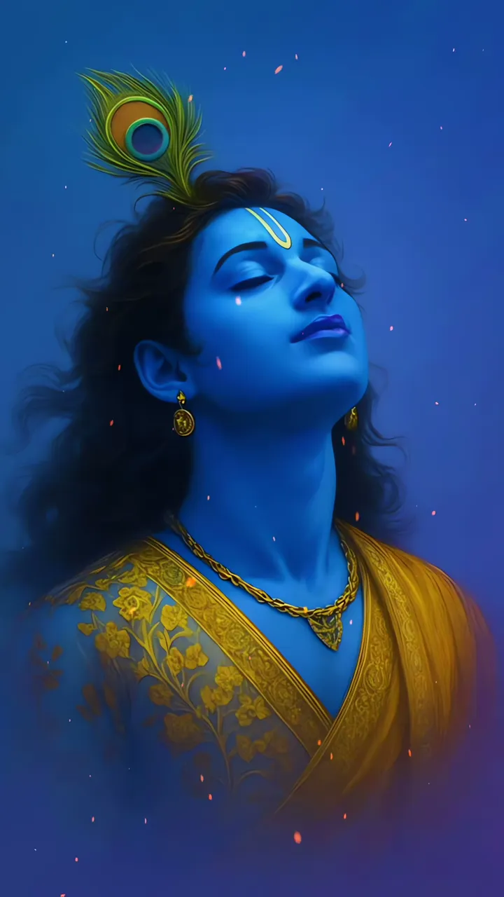 Blue Krishna Meditation With Peacock Feather And Golden Sari