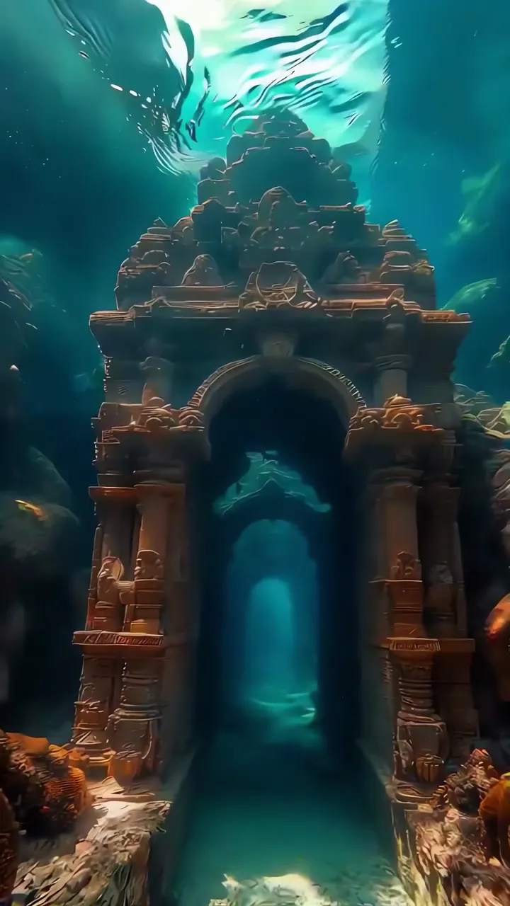 Ancient Underwater Temple Ruins With Sunlight Through Water