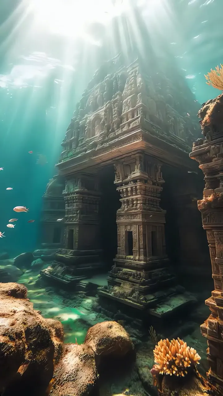 Ancient Sunlit Underwater Temple Ruins With Coral And Fish