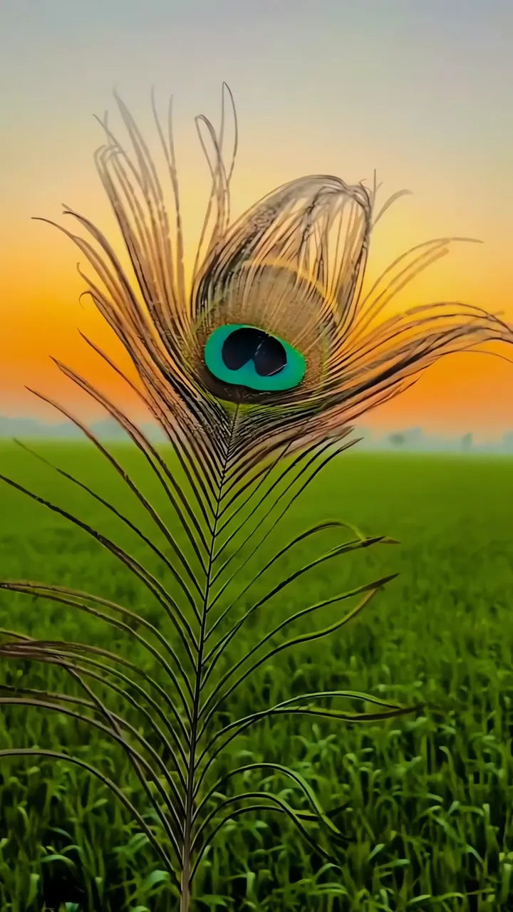 Peacock Feather With Vibrant Eye In Sunset Rice Field