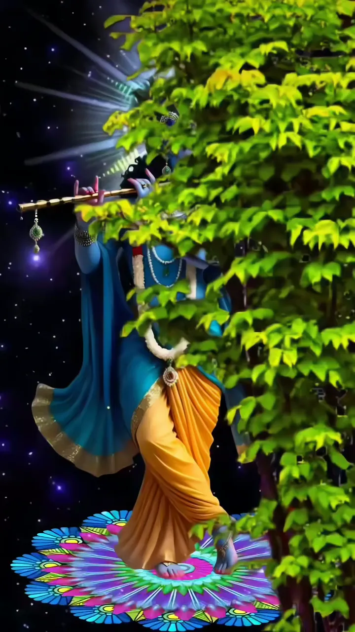 Krishna Playing Flute Amidst Starry Night And Peacock Feather Mandala