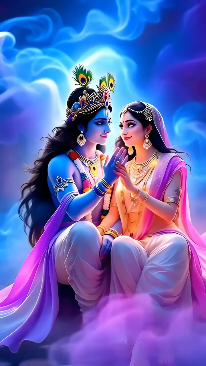 Radha Krishna Divine Love With Peacock Feather Crown And Blue Aura