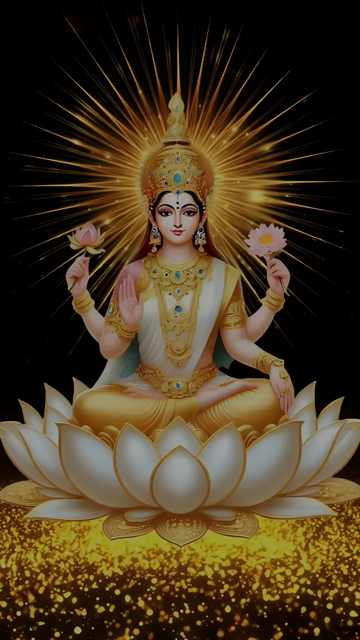Mahalakshmi Goddess With Lotus And Golden Aura
