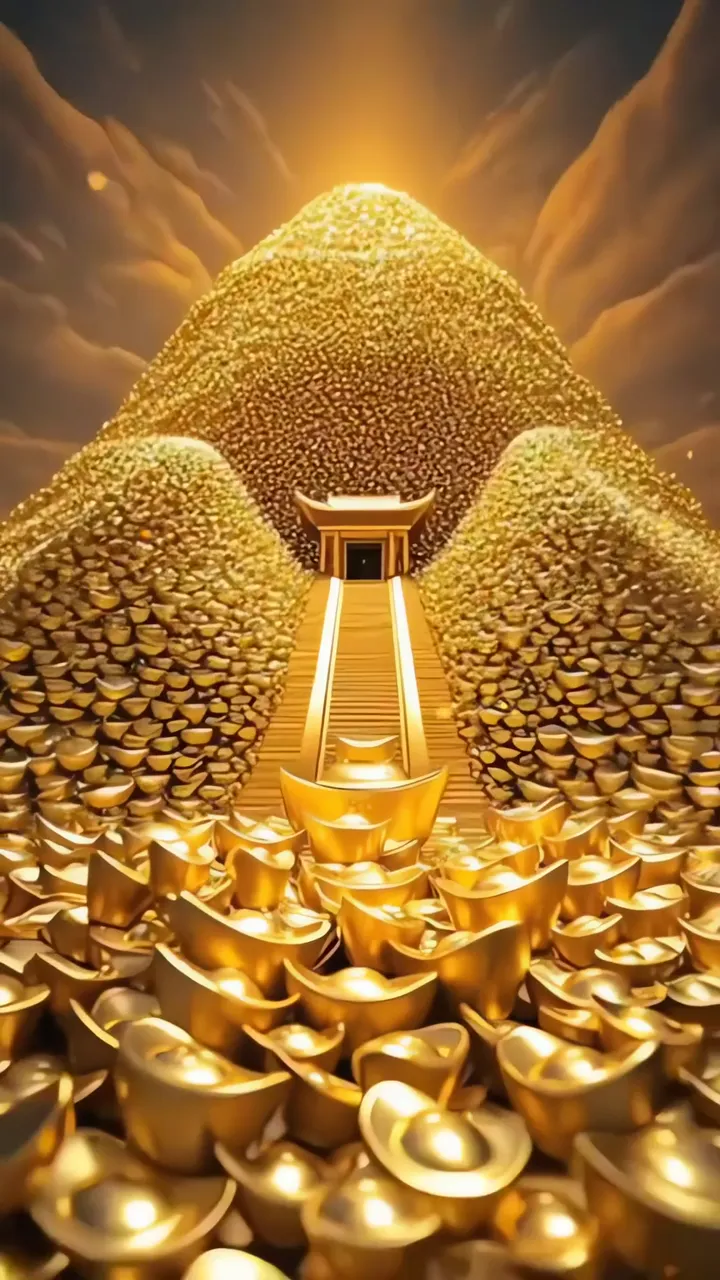 Golden Mountain Of Wealth With Temple And Gold Bars