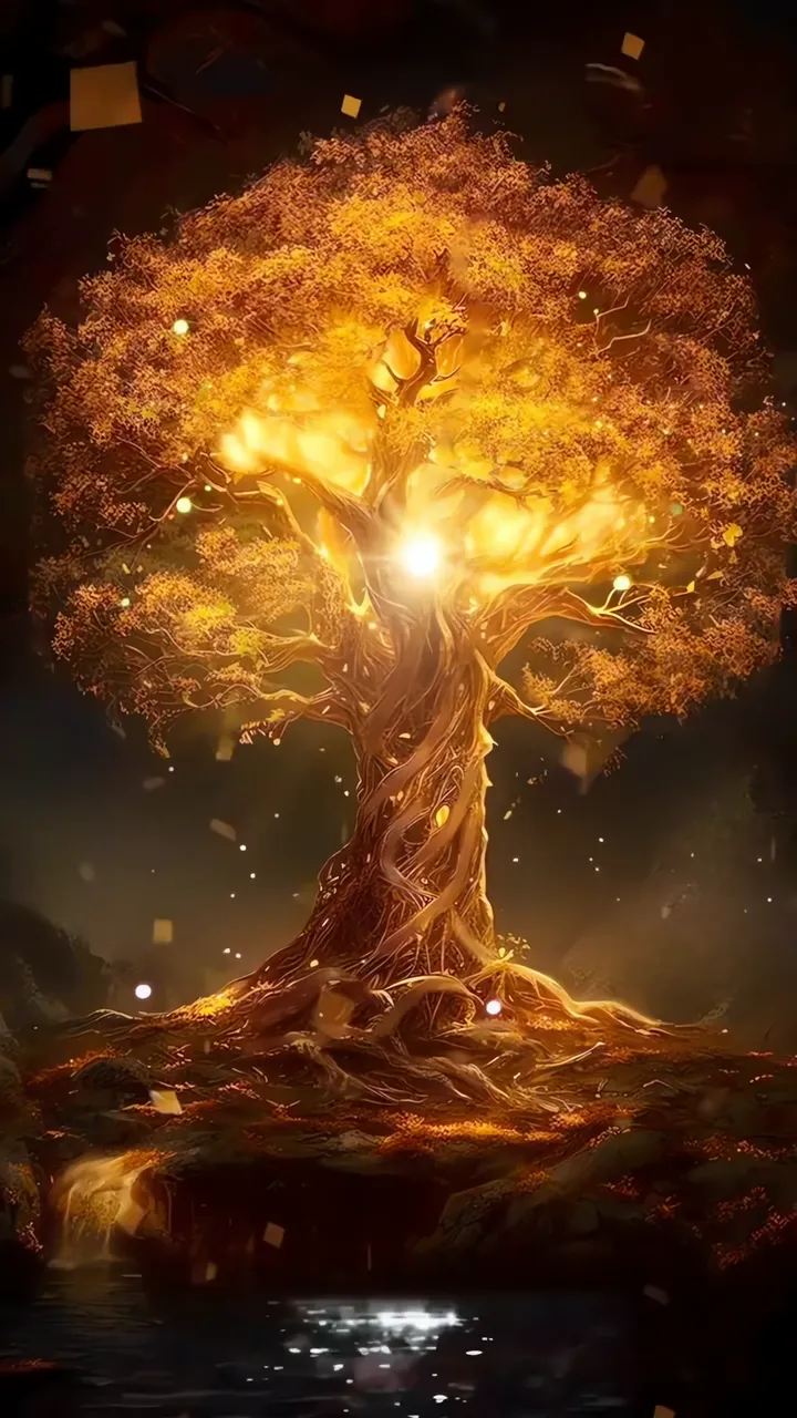 Sacred Golden Tree Of Life With Glowing Aura And Waterfall