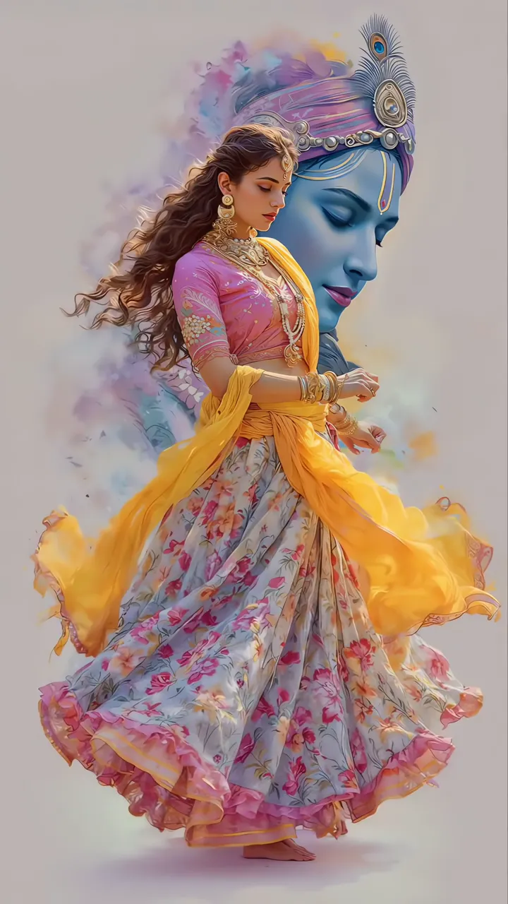 Radha Krishna Romantic Dance With Floral Lehenga And Blue Aura