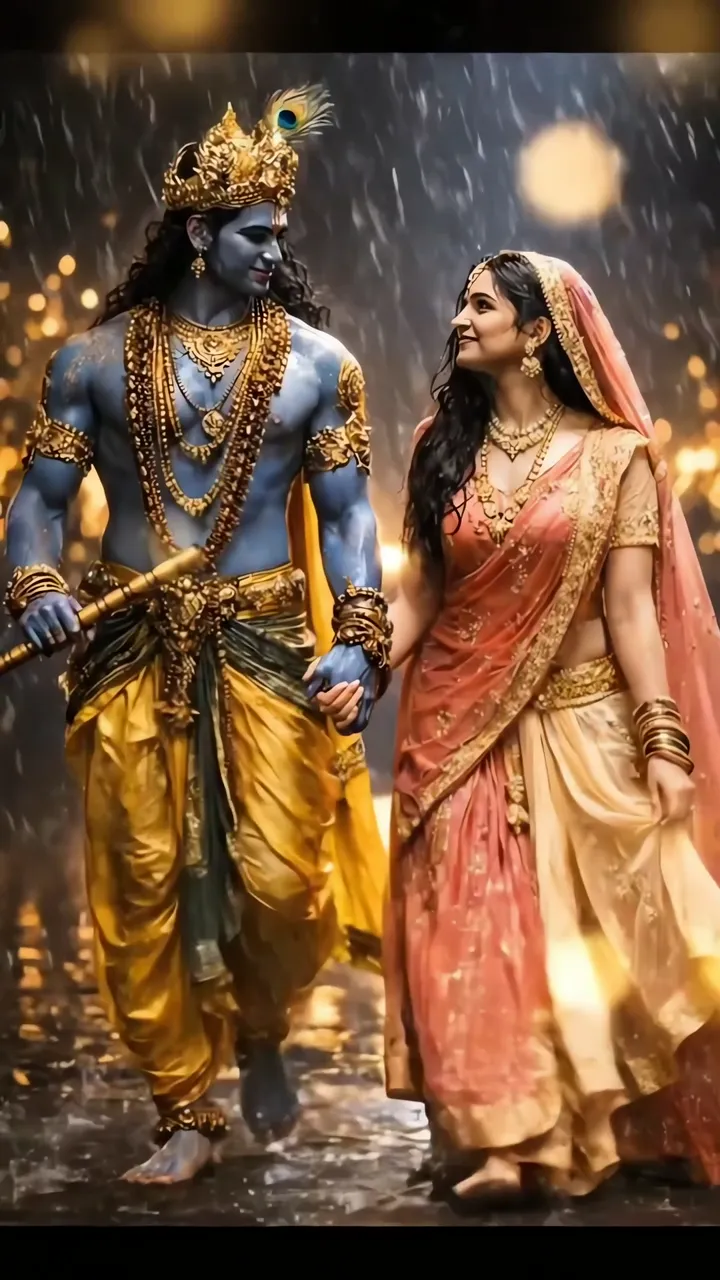 Radha Krishna Romantic Rainy Night Scene With Golden Aura