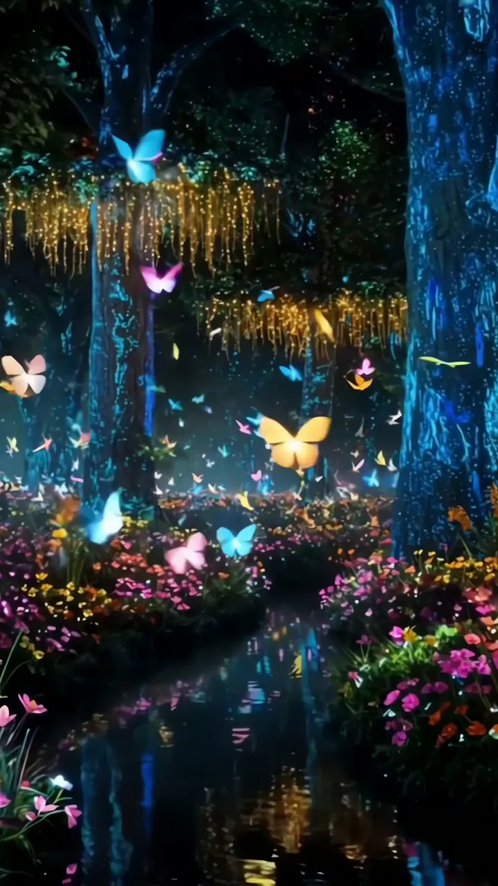 Glowing Butterflies In Magical Forest With Fairy Lights