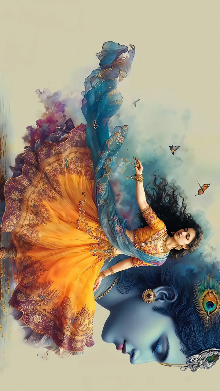 Radha Krishna Divine Love With Peacock Feather And Butterflies