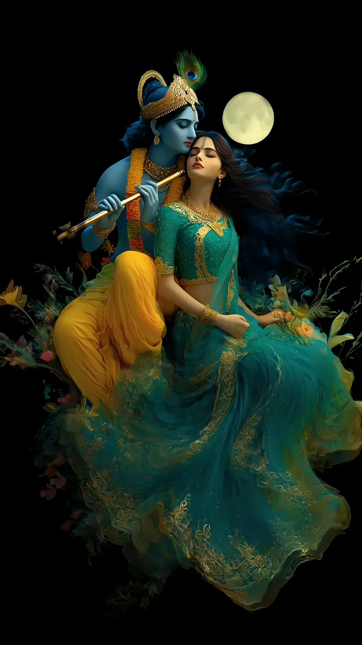 Radha Krishna Romantic Moonlight Scene With Blue Aura