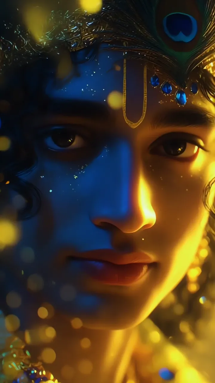 Krishna Divine Face With Peacock Feather And Golden Aura