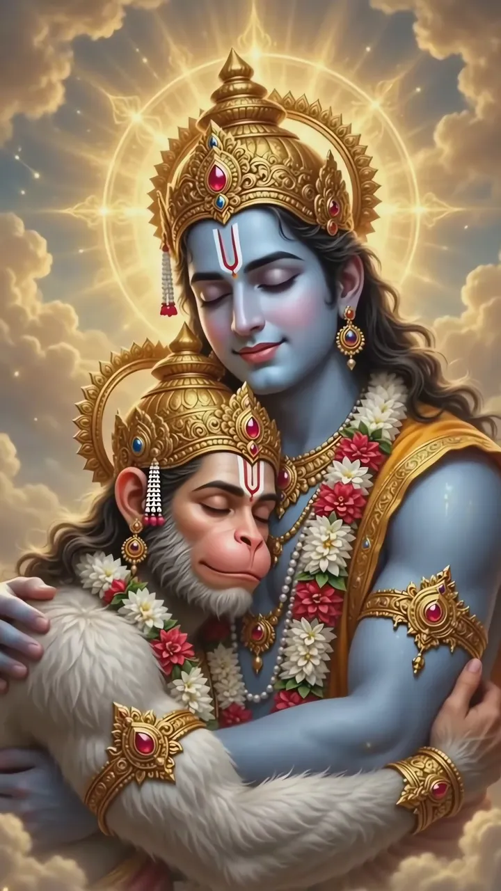 Lord Shiva Embracing Hanuman In Divine Clouds With Golden Aura