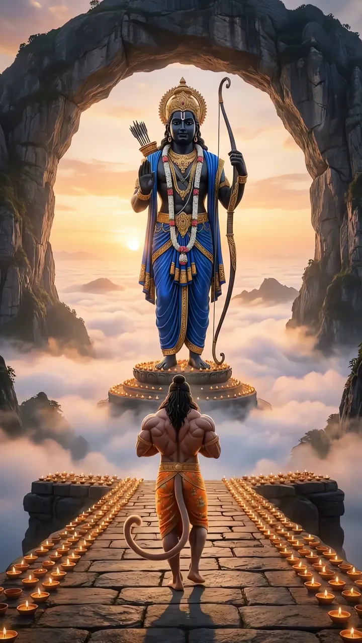 Shiva With Bow And Arrow Standing On Clouds Amidst Mountain Arch