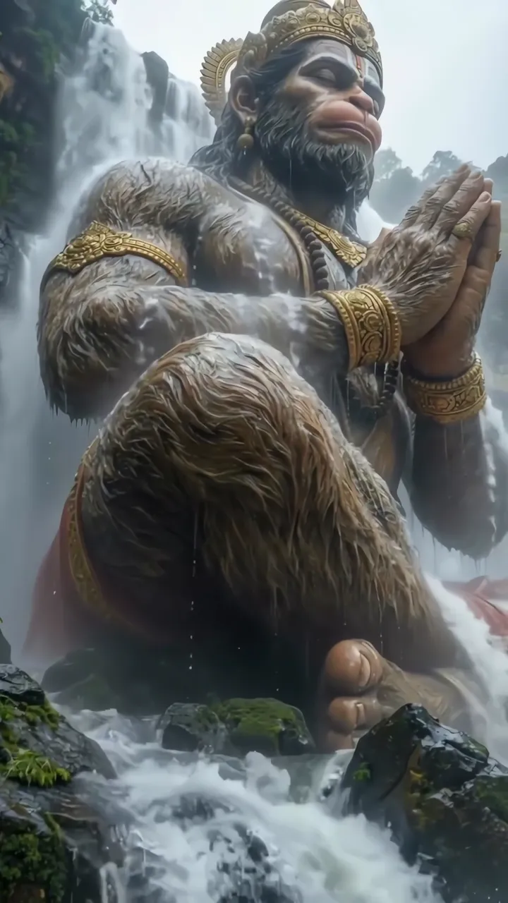 Giant Hanuman In Prayer Pose Amidst Waterfall