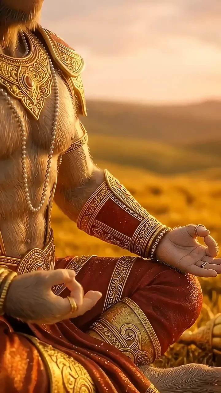 Hanuman Ji Meditating With Golden Aura And Red Armor