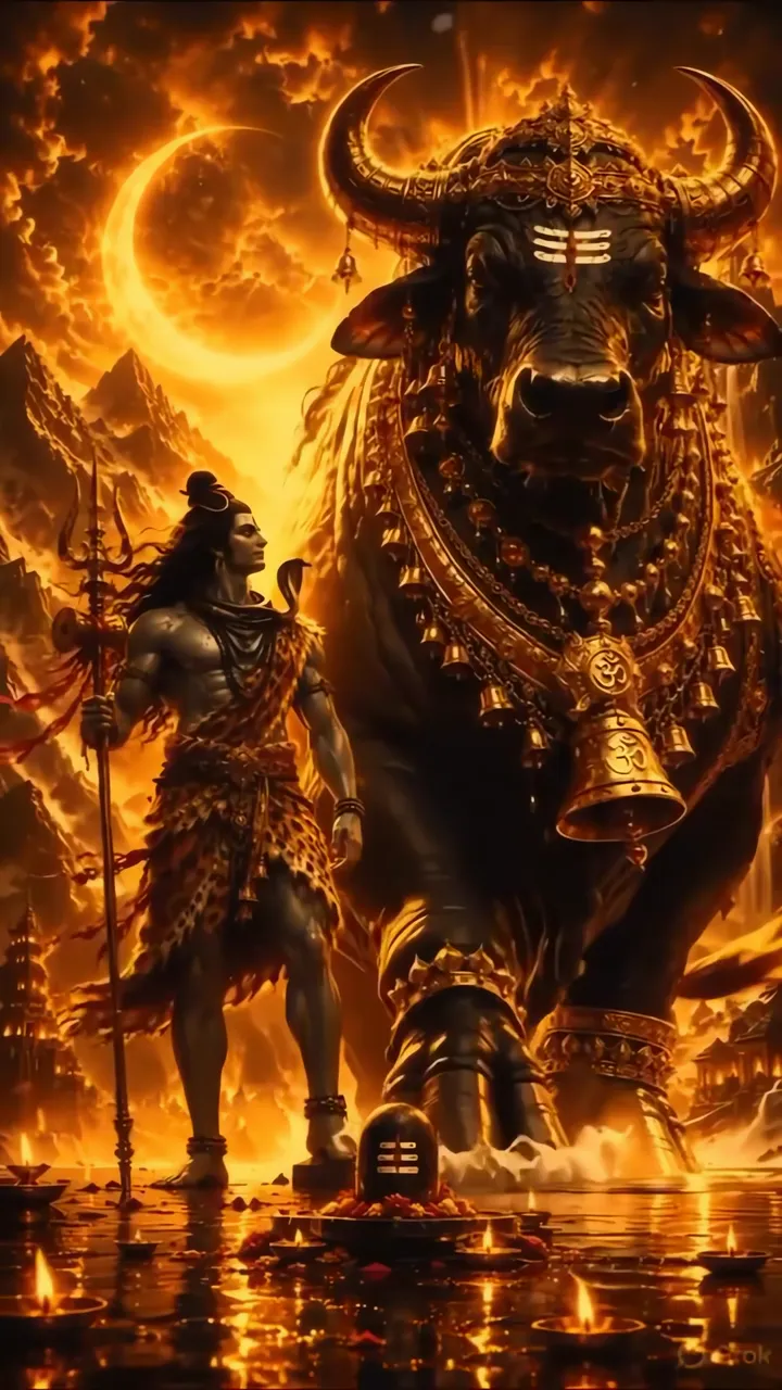 Shiva With Nandi Bull And Crescent Moon Devotional Scene