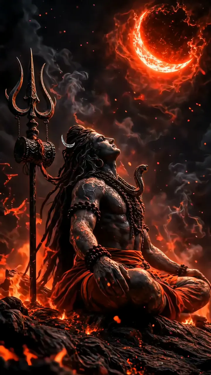 Shiva In Dark Aesthetic With Trishul And Blood Moon