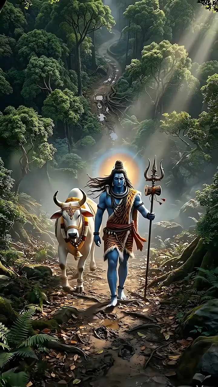 Shiva With Nandi And Trishul In Sacred Forest Path