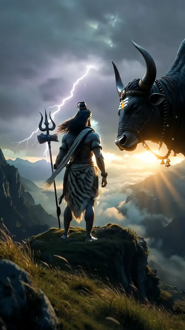 Shiva With Nandi Bull And Trishul On Mountain Peak