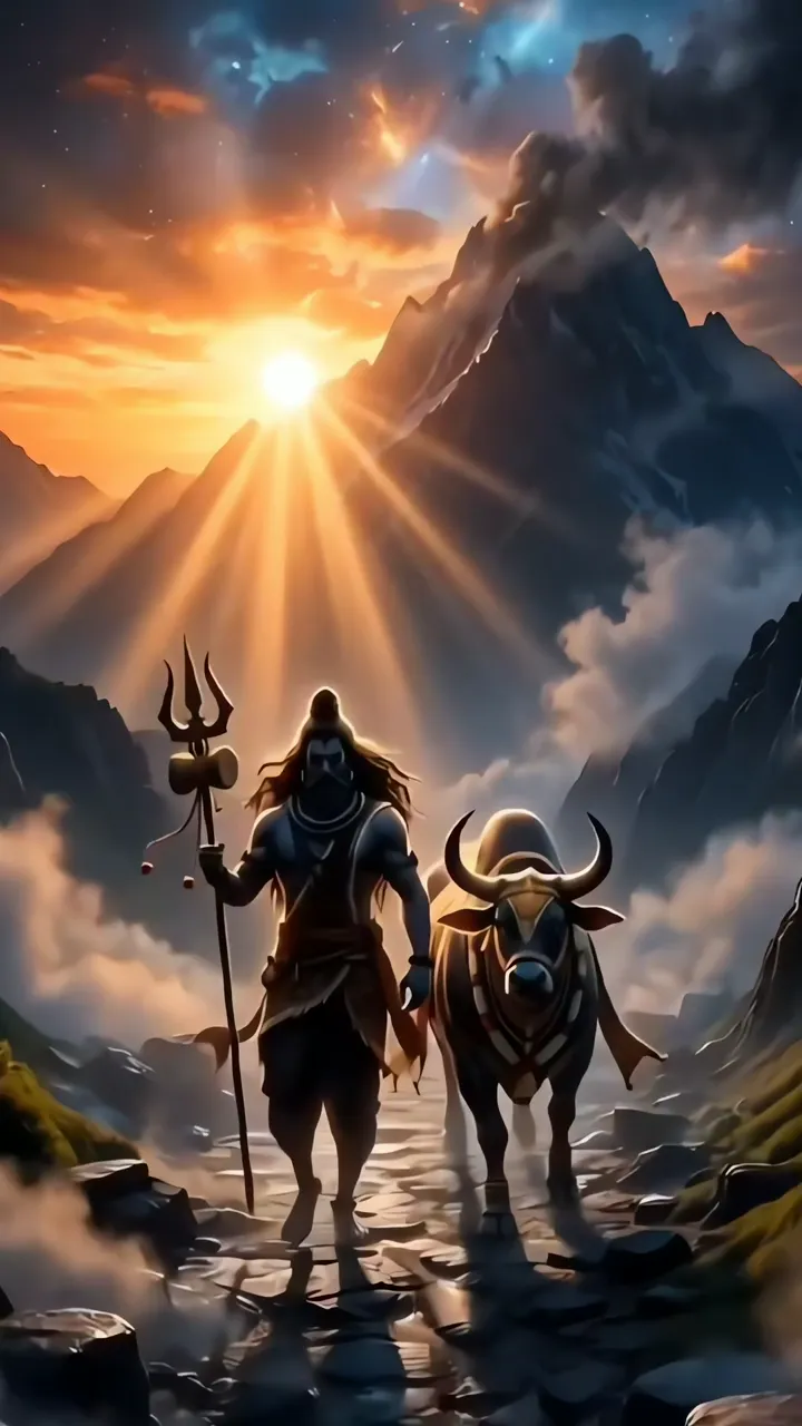 Shiva With Nandi Bull And Trishul In Mountain Sunrise