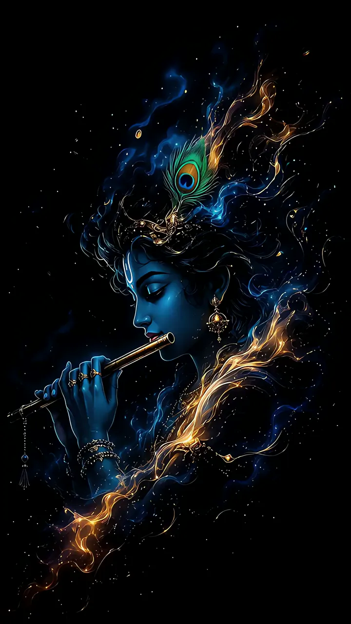 Blue Krishna Playing Flute With Peacock Feather And Golden Aura