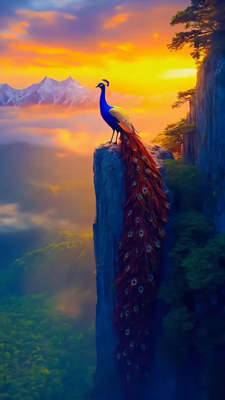 Regal Peacock Perched On Cliff At Sunset Mountain Scene
