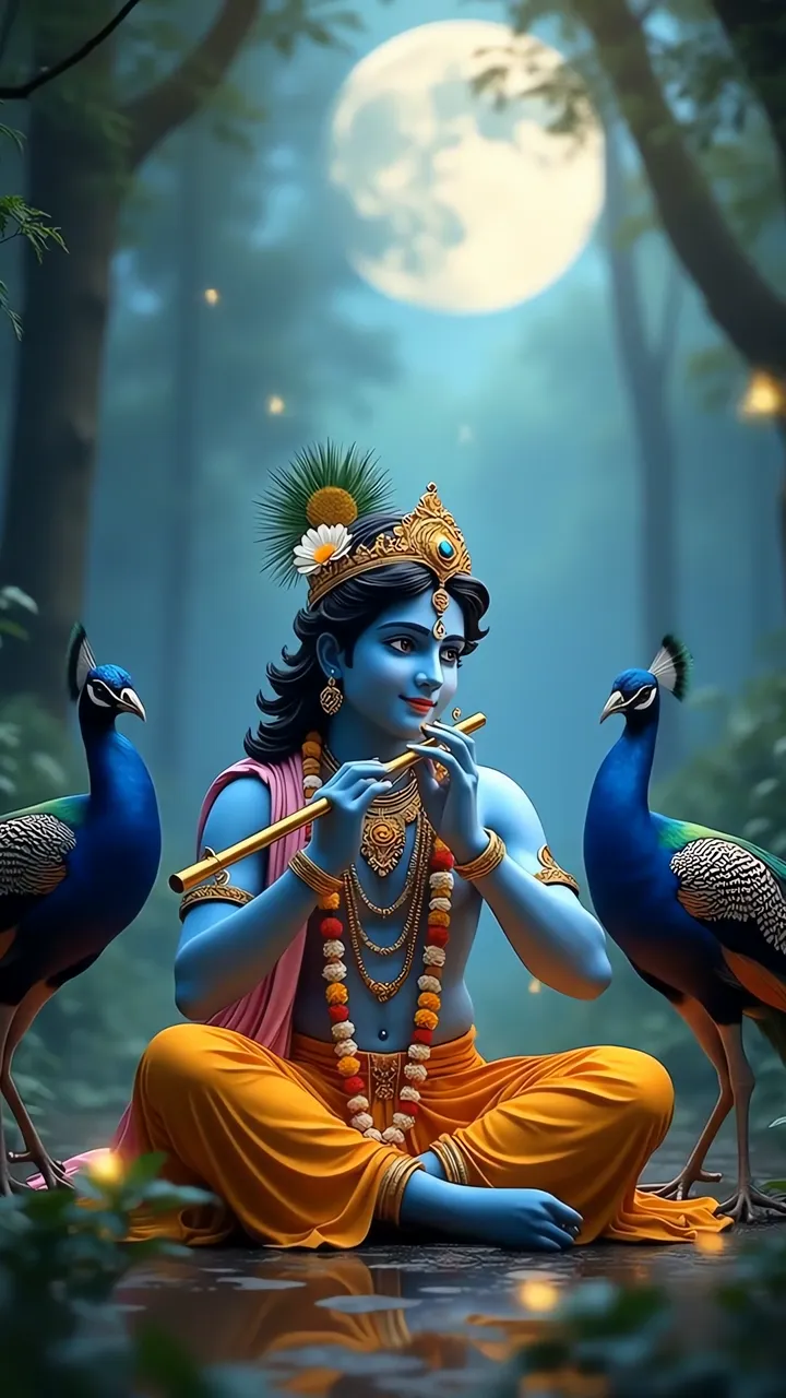 Krishna Playing Flute With Peacocks Under Full Moon