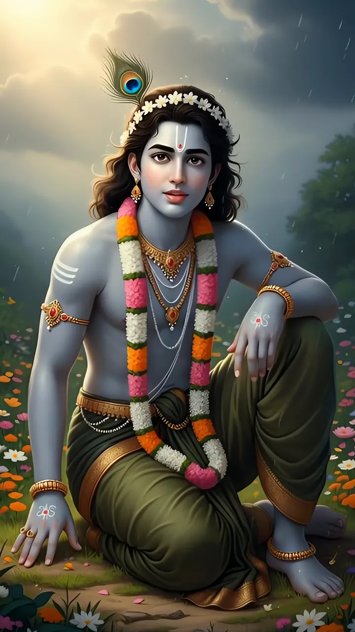 Lord Krishna Sandesham Serene Blue Skin With Peacock Feather And Flower Garland