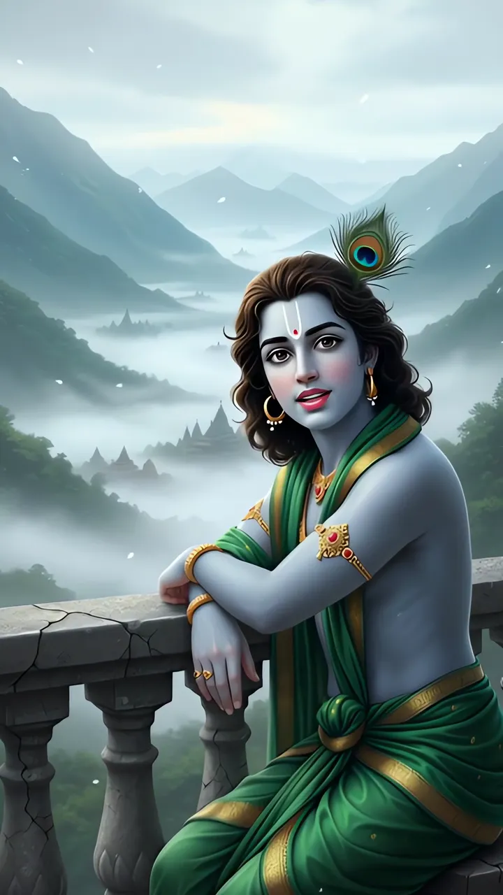 Lord Krishna Sandesham With Peacock Feather And Mountain View