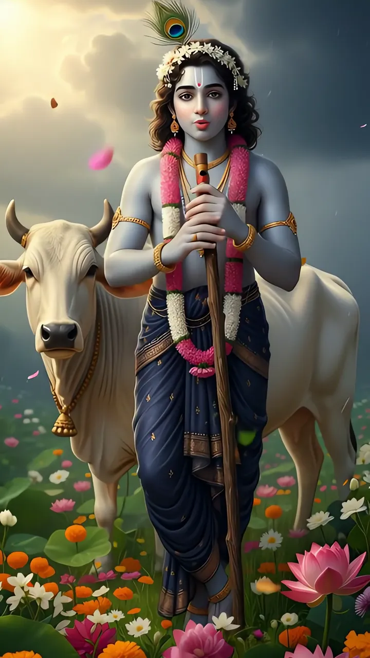 Lord Krishna Sandesham Divine Plan With Sacred Cow And Lotus Field