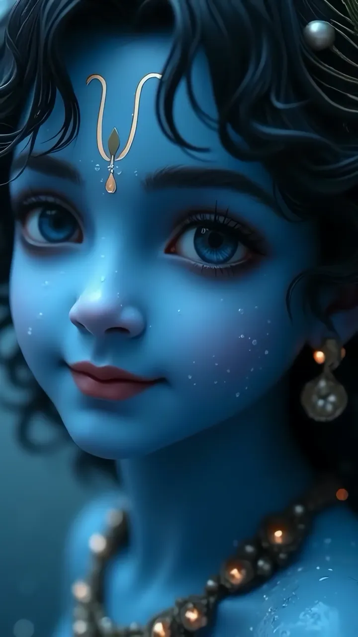 Blue Skinned Krishna With Peacock Feather And Golden Symbol