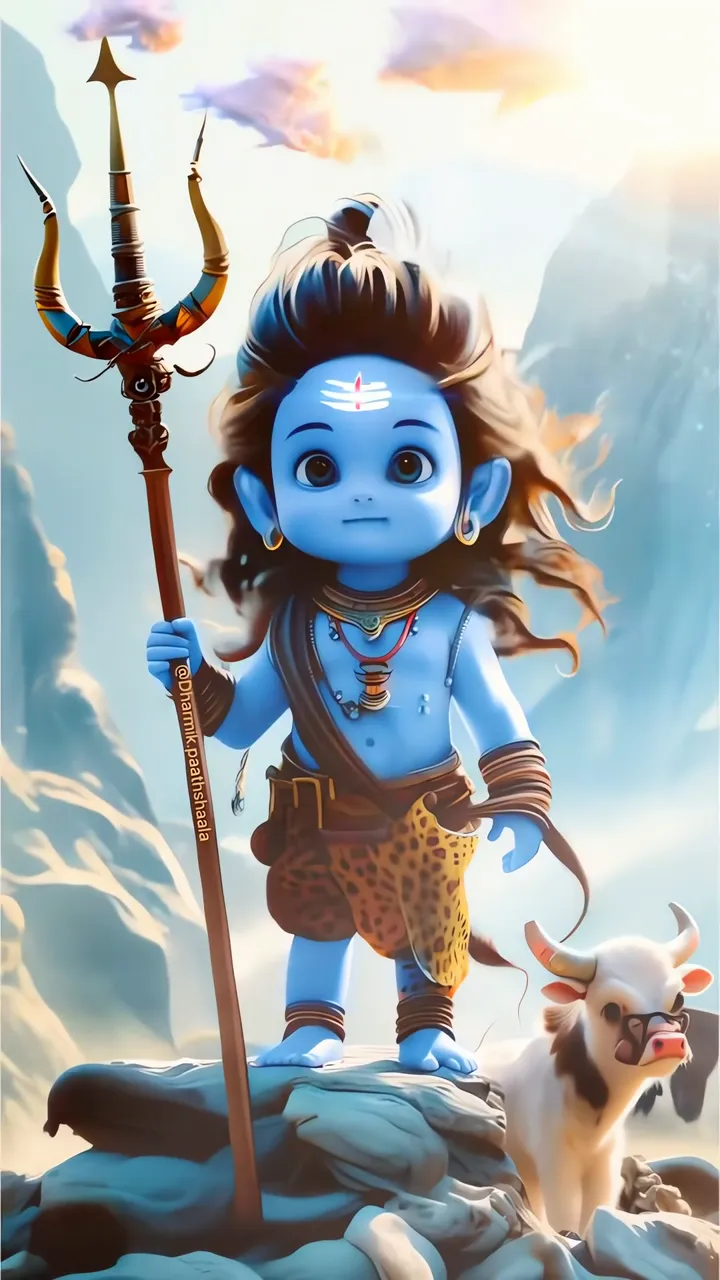 Cute Chibi Shiva With Trishul And Cow Mountain Scene