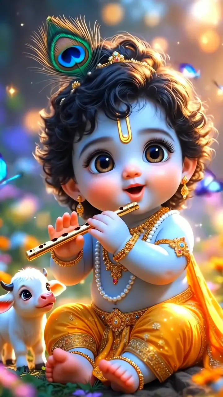Baby Krishna Playing Flute With Peacock Feather And Cow