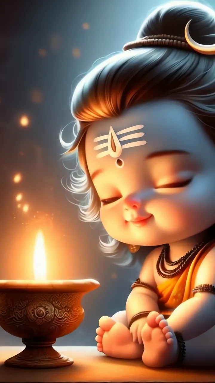 Cute Baby Shiva Meditating With Diya And Moon Crown