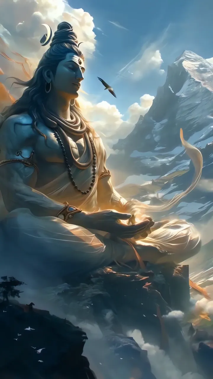 Shiva Meditation With Blue Aura And Mountain Peak
