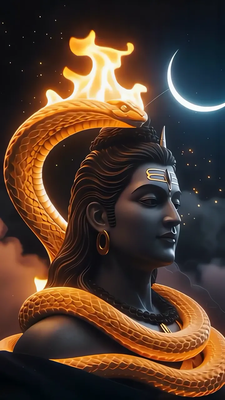 Shiva With Golden Serpent And Fiery Crown Moonlit Night