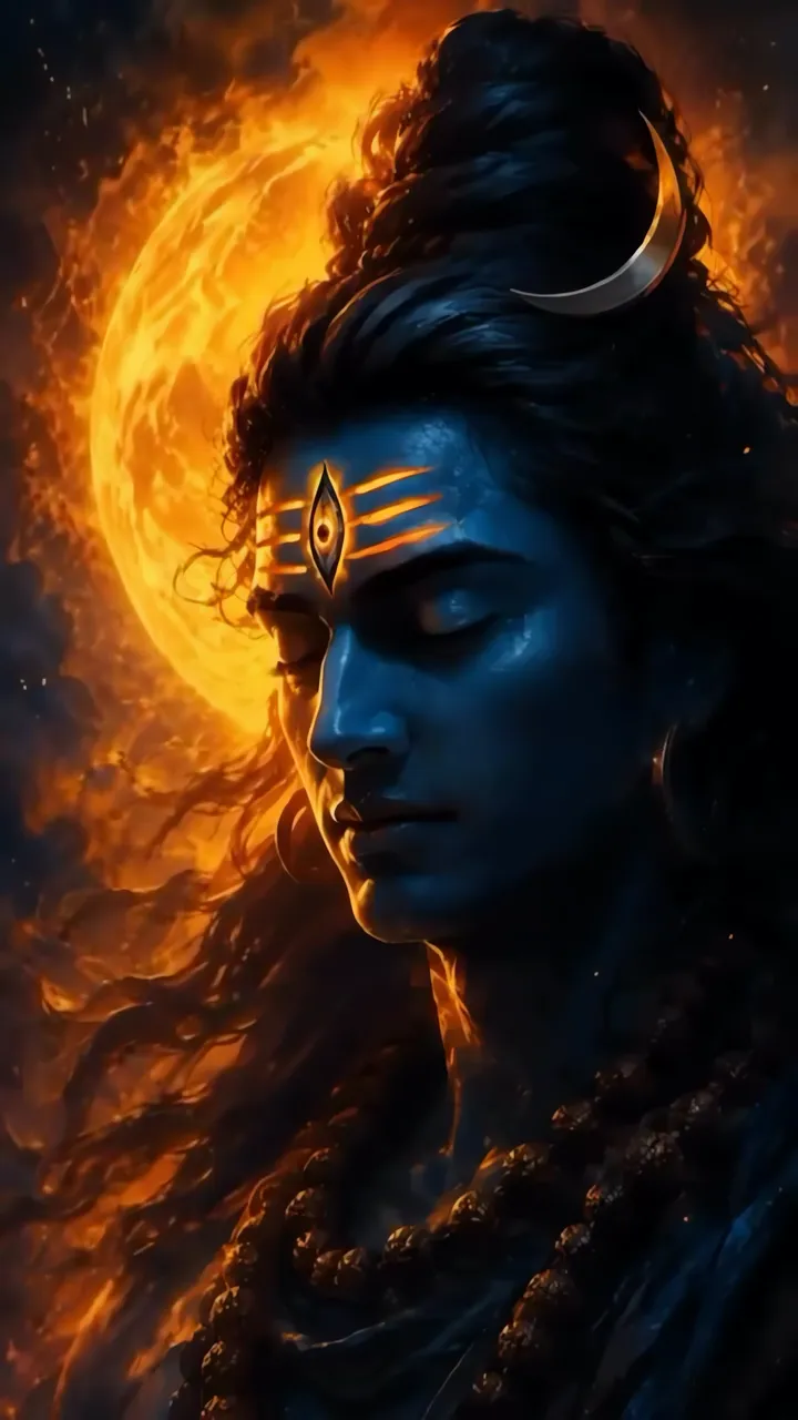 Shiva Divine Meditation With Blue Skin And Crescent Moon