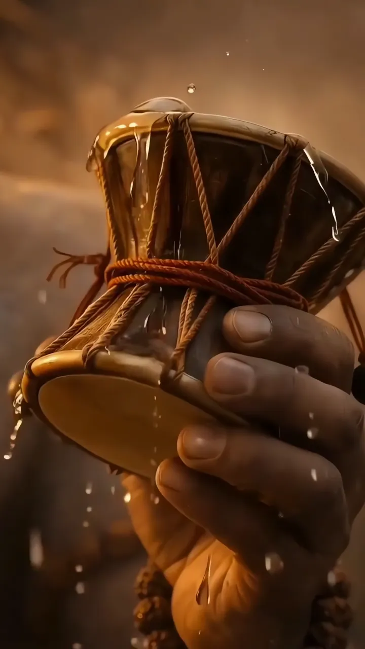 Hand Holding Sacred Dhak Drum With Water Droplets And Prayer Beads