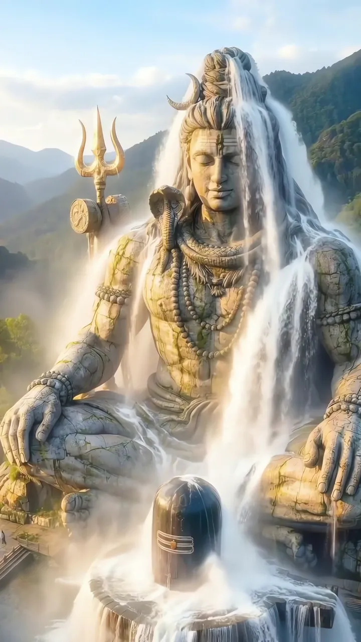 Glowing Shiva Meditation With Trishul And Waterfall