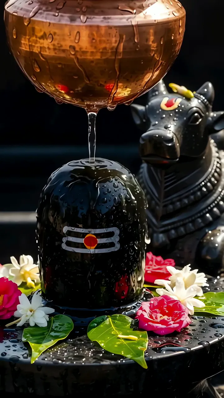 Shiva Lingam Waterfall With Nandi Bull And Floral Offering