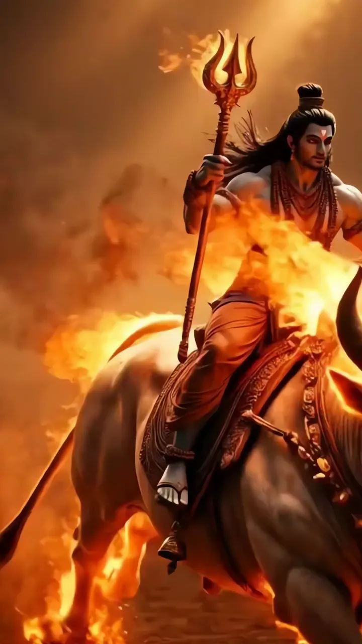 Shiva Riding Nandi Bull With Burning Trishul And Fire Aura