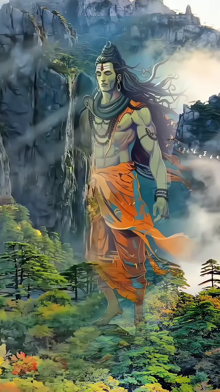 Shiva Standing Amidst Mountainous Forest With Orange Drape
