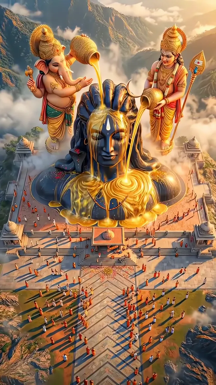 Ganesha And Shiva Devotional Scene With Golden Nectar