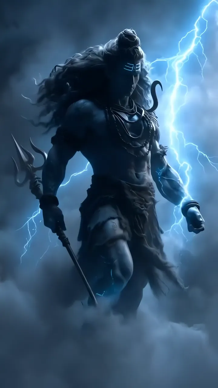 Shiva With Trishul And Blue Lightning Cosmic Power