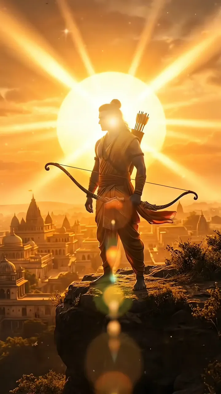 Lord Ram Standing On Cliff With Bow And Arrows Golden Sunrise